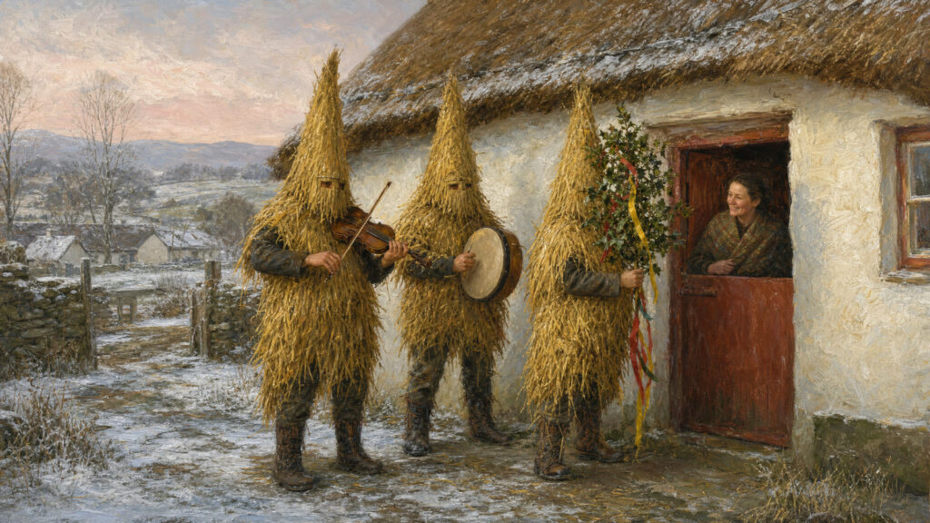Wren boys in tall straw suits and masks with a fiddle and bodhr&aacute;n at the half-door of a whitewashed Irish cottage on St Stephen&rsquo;s Day
