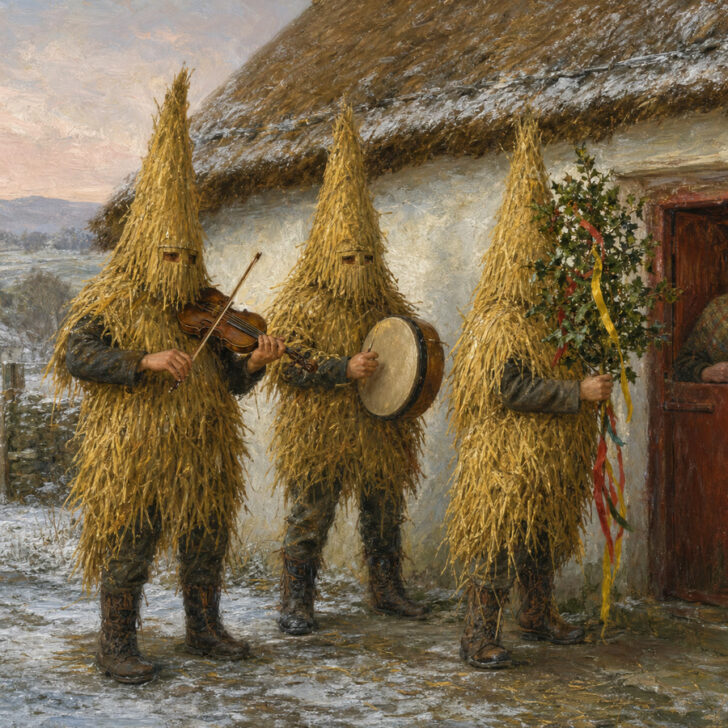 Wren boys in tall straw suits and masks with a fiddle and bodhrán at the half-door of a whitewashed Irish cottage on St Stephen’s Day