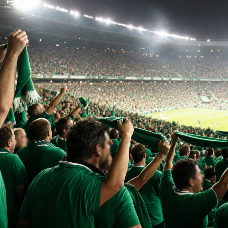 Irish rugby supporters in green singing with scarves raised in a floodlit stadium